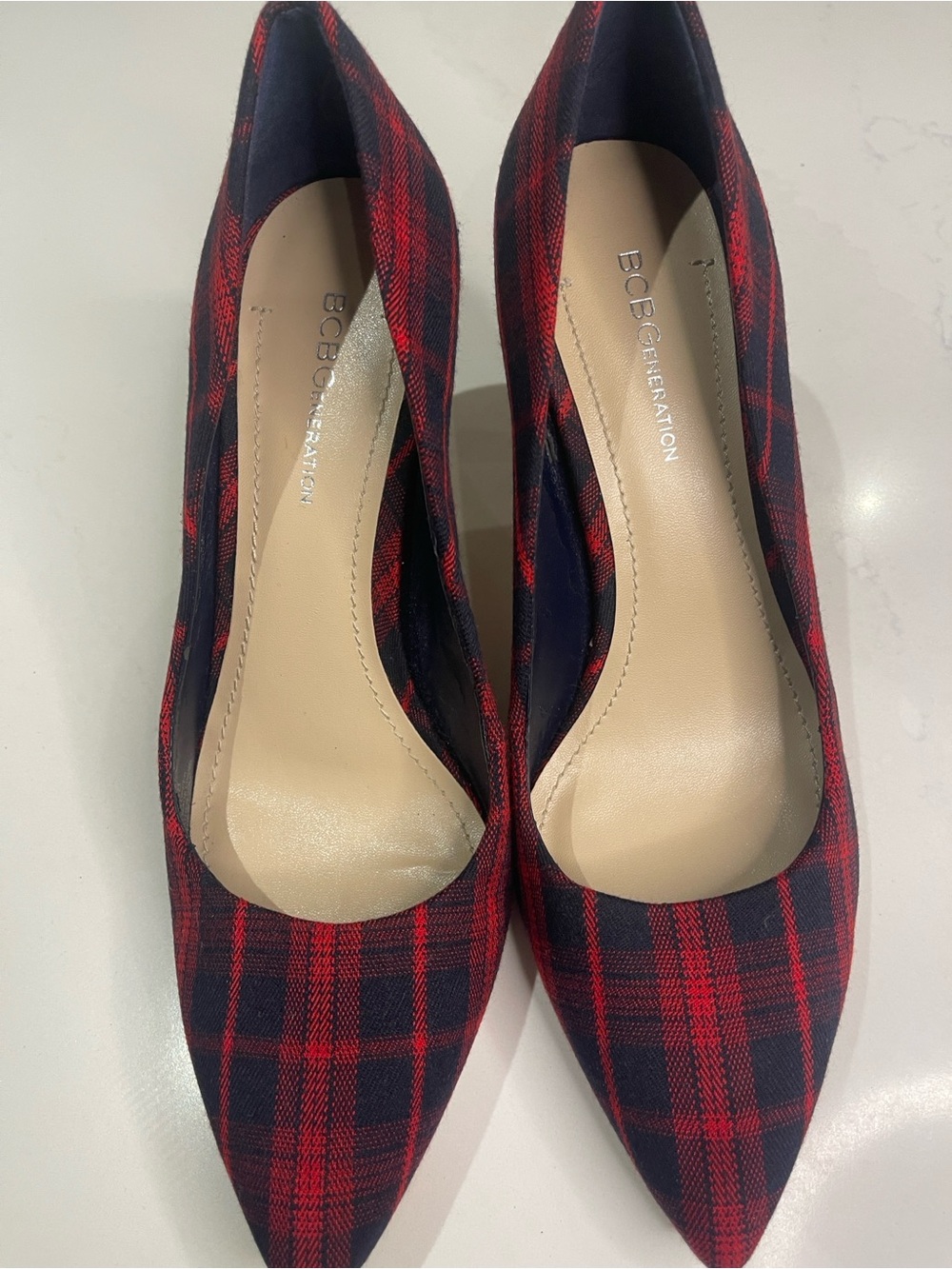BCBGeneration Red and Navy Plaid Pointed Pumps